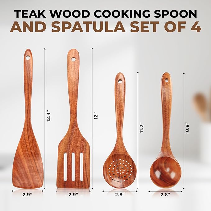 Natural Teak Wood Cooking Utensils Set - 4pcs Wooden Spoons for Cooking with Ladle, Spatula, and Slotted Spoon, Premium Kitchen Tools for Chefs