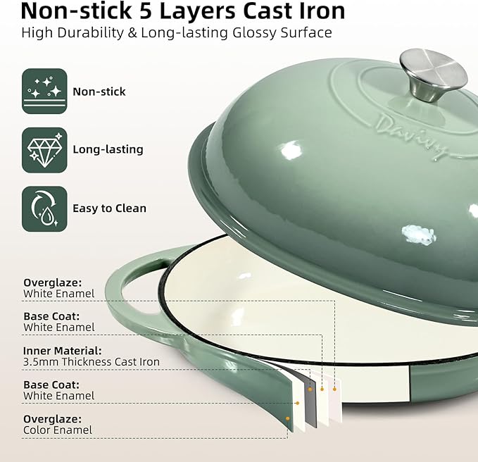 Davivy 6QT Oval Bread Dutch Oven with Silicone Oven Mitts, Enameled Cast Iron Bread Cloche Dutch Oven for Sourdough 6QT, Cast Iron Sourdough Bread Baking Pan with Domed Lid - Sea Salt Green