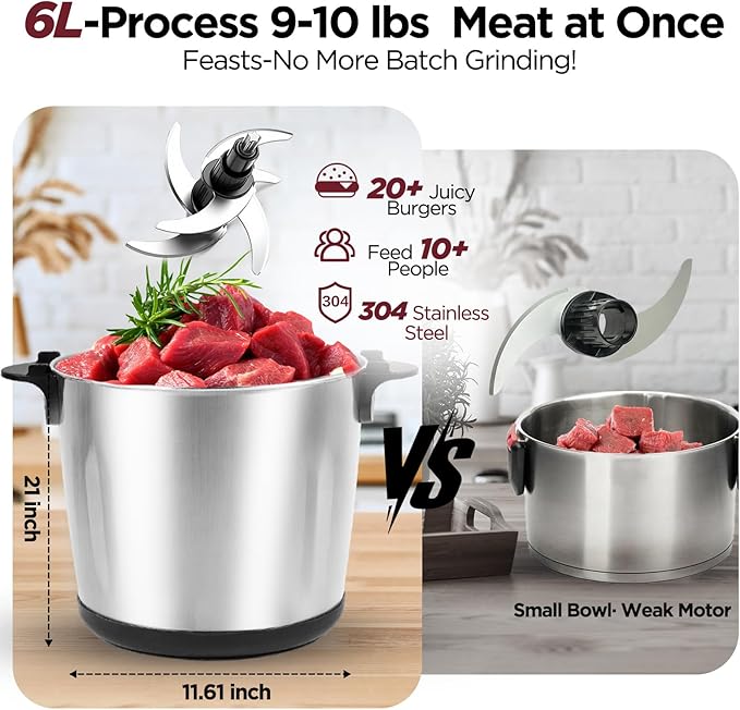 Electric Large Food Processor,1200W Meat Grinder Stainless Steel for Home, Heavy-Duty Meat Mincer with 2 Speed& 4 Blades,6L Electric Food Grinder Chopper for Meat,Game,Vegetables & Meal Prep