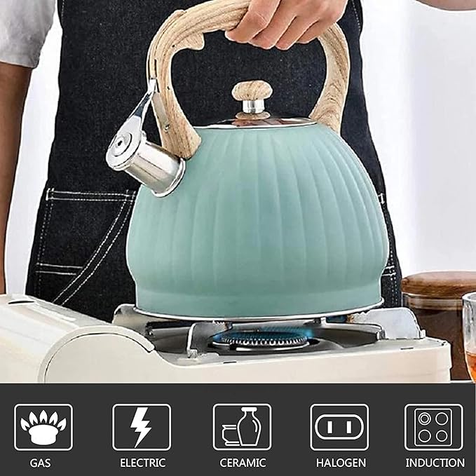 Vilihkc Whistling Stainless Steel Tea Kettle with Wood Grain Anti Heat Handle,3.7 Quart / 3.5 Liter Stainless Steel Tea Kettles,Loud Whistling for Tea,Coffee,Gas Electric Applicable