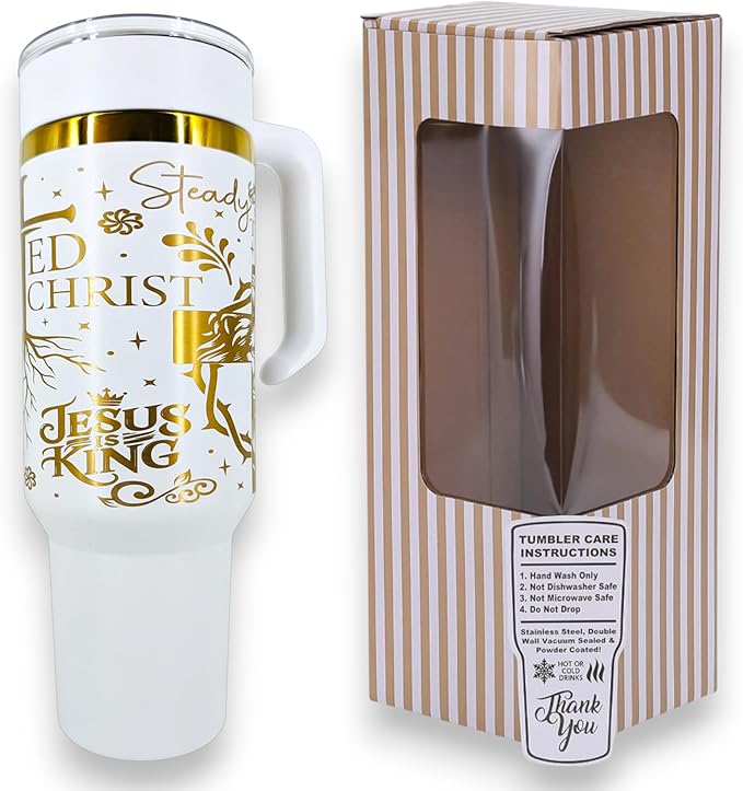 40oz Christian Tumbler with Handle & Straw – “Rooted in Christ,” “Jesus Is King,” Faith Scripture Gift – Double Wall Insulated Stainless Steel Mug for Hot & Cold Drinks (Rooted In Christ)