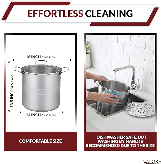 Valore 24 qt Stainless Steel Stock Pot with Lid & Canning Rack - 5-ply Soup Pot with Brushed Stainless Finish & Riveted Handles