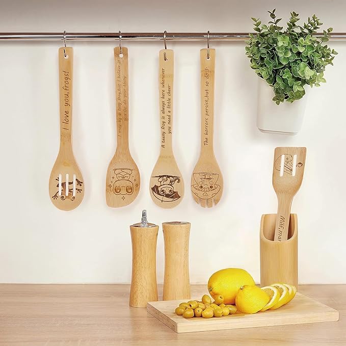 5PCS Frog Wooden Cooking Spoons Kitchen Decor Frog Gifts for Women Men Frog Lovers Birthday Gifts Party Favors Housewarming Wedding Bamboo Cooking Spoons for Everyday Use