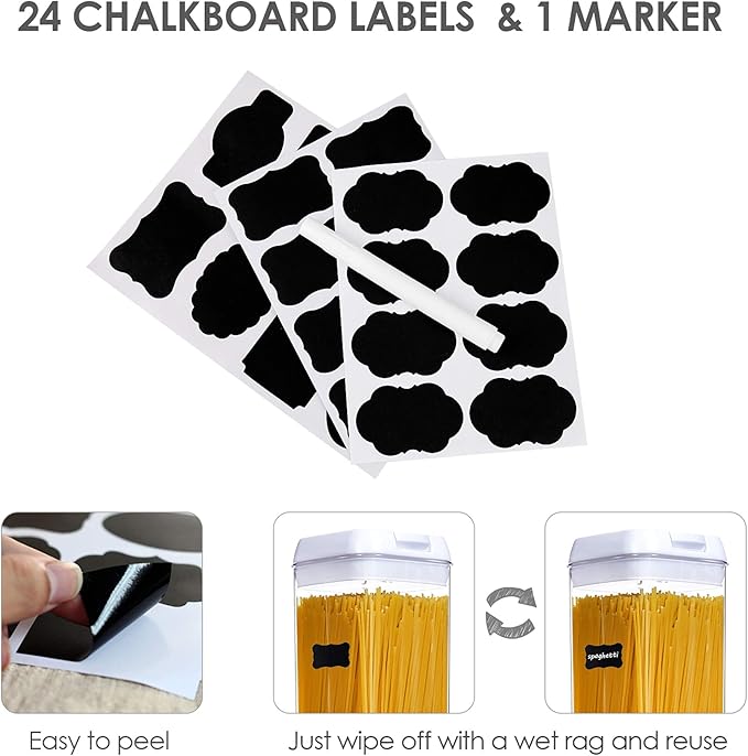 Vtopmart 4 PCS Airtight Food Storage Containers, BPA Free Plastic Spaghetti Pasta Containers with Easy Lock Lids, for Kitchen Pantry Organization and Storage, Include 24 Labels, 1.8L