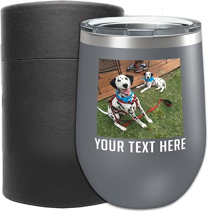 Personalized 12oz (17 Colors) Mother's Day Photo Picture Printed Insulated Stainless Steel Powder Coated Stemless Wine Tumbler with Lid, Customized Gift Idea for Her, Coach Gifts Team Mom Dad (Gray)
