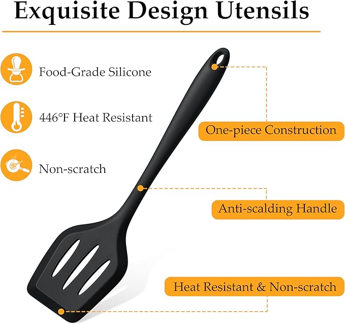 LIANYU Kitchen Utensils Set, 4Pcs Silicone Cooking Utensils, Heat Resistant Kitchen Tools for Stir Frying, Serving, Mixing, Include Turner, Spoon, Pasta Server, Dishwasher Safe, Black