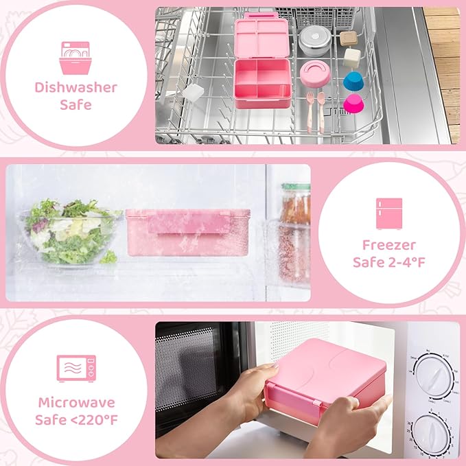 JSLOVE Bento Lunch Box with Leak Proof Thermos Food Jar for Kids, Food Lunch Containers for Girls with 4 Compartments, BPA-Free with Utensils, Food Picks, Sauce Jar & Silicone Lunch Box Dividers