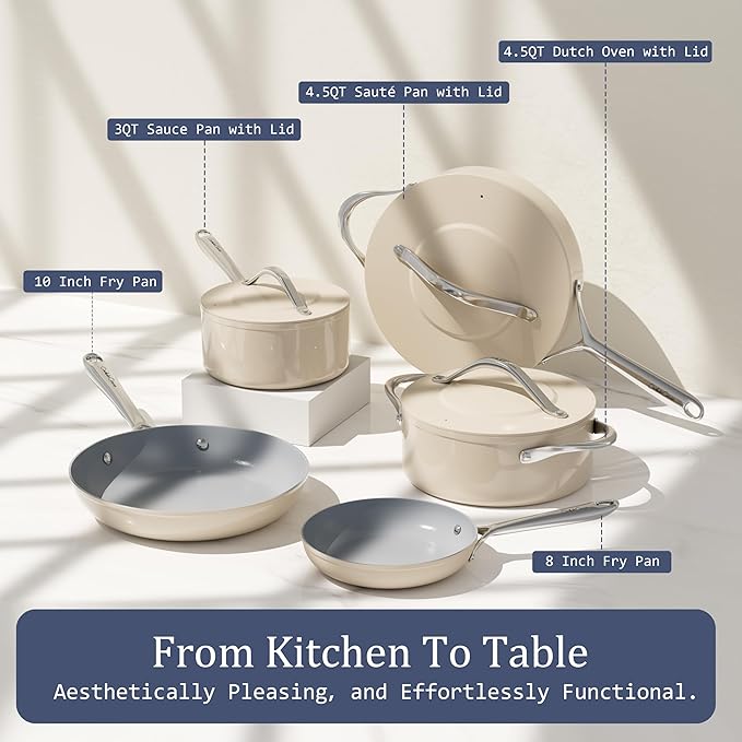 3.5QT Nonstick Ceramic Sauce Pan with Lid Soup Pot Even Heat Distribution, Non Toxic PFAS-Free Small Cooking Pot for All Stovetops (Induction/Gas/Electric), Oven Safe 500°F, Cream