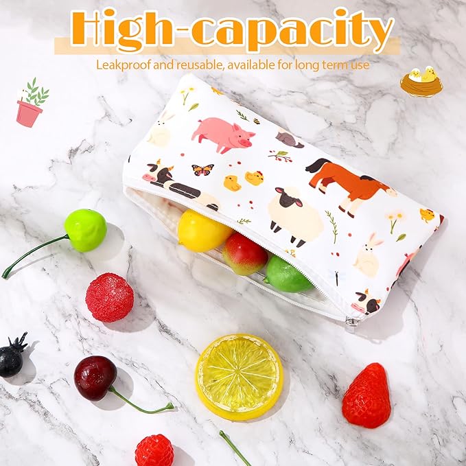 Chumia 6 Pcs Reusable Snack Bags Christmas Gifts Food Safety Washable Snack Bags Lunch with Zipper Portable Sandwich Bag Food Storage Pouch Double Layer (Farm,6.9 x 3.7 Inches)