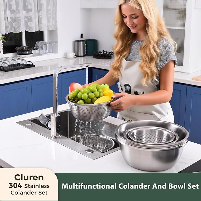 Colander and Bowl Set 7.3QT (2-in-1) - Thickened 304 Stainless Steel Kitchen Strainer Bowl for Fruit, Pasta, Vegetables, Rice - Heavy Duty, Induction Cooker & Dishwasher Safe