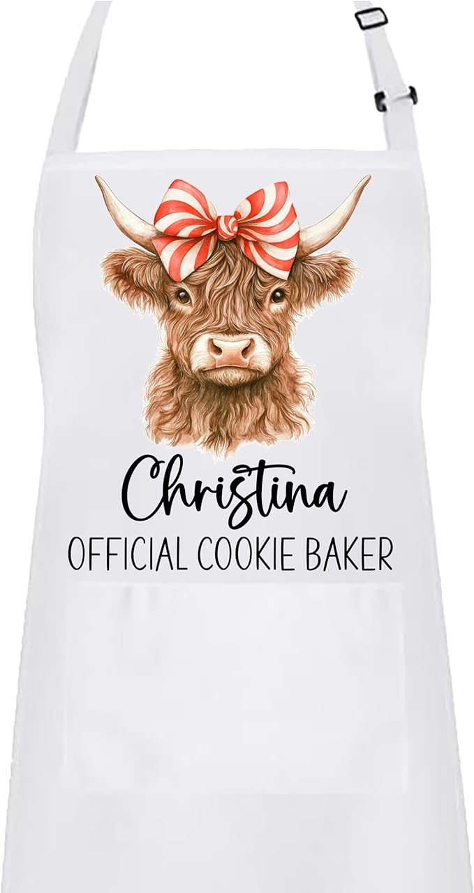 Mommy and Me Highland Cow with Peppermint Swirl Bow Apron Set – Matching Christmas Baking Aprons, Cow Kitchen Gift
