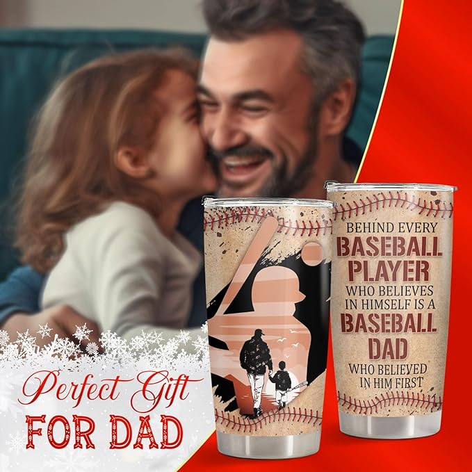 34HD Sport Gifts, Baseball Dad Tumbler with Lid 20 oz Stainless Steel, Behind Every Player Coffee Mug, Baseball Dad Birthday Gifts from Son Christmas Gift