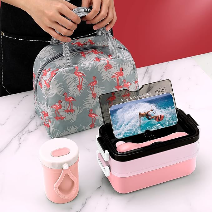 Adult Bento Lunch Box Kit, Bento Boxes Portable Lunch Box, Adult Bento Box with Lunch Bag, Bento Lunch Containers for Women, 1200ml Large Capacity Lunchbox BPA-Free(Pink Metal)