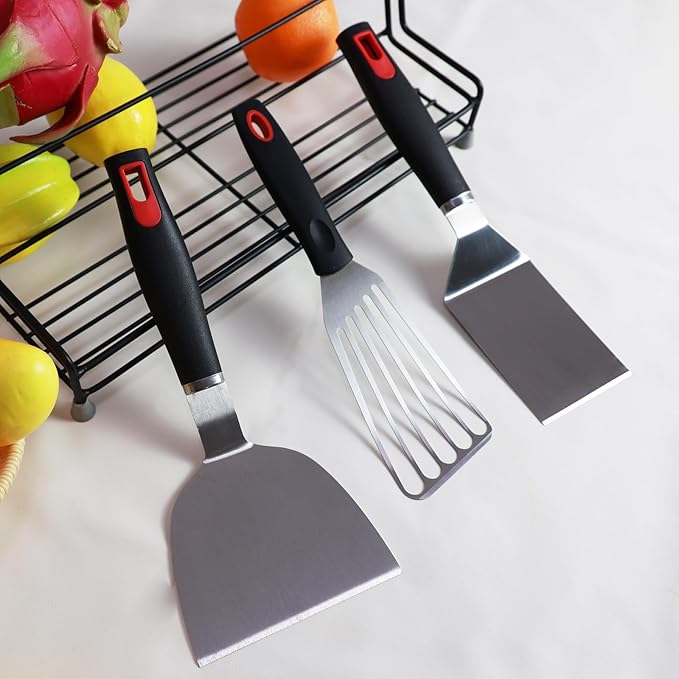 Spatula Set Stainless Steel Kitchen Metal Spatula for Cast Iron Skillet with Silicone Handle, Fish Spatula Turner Flipper for Pancake Burger Egg Cooking Spatulas BBQ Grill Griddle