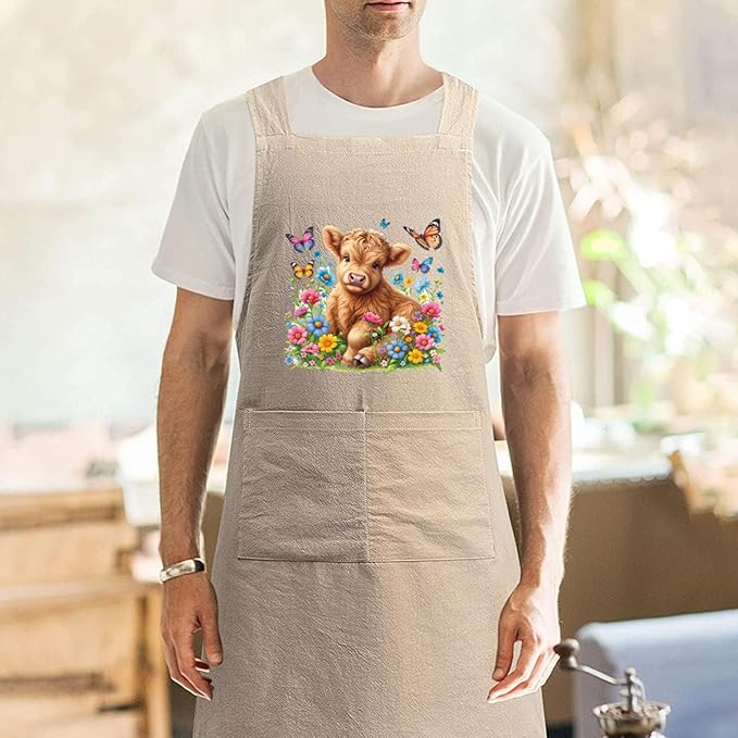 Cotton Linen Apron Non-tie Cross Back Kitchen Apron with Pockets Soft Comfortable Durable for Cooking Baking Gardening (Khaki,Highland Cattle)