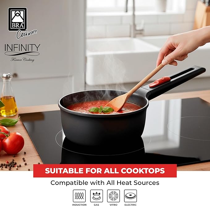 BRA COOKWARE Infinity Nonstick Saucepan with Glass Lid | 6.3 Inch 1.2 Quart Deep Pot | PFAS Free Soup Pot | Deep Pan Ideal for Boiling or Warming on All Cooktops incl. Induction | Removable Handle