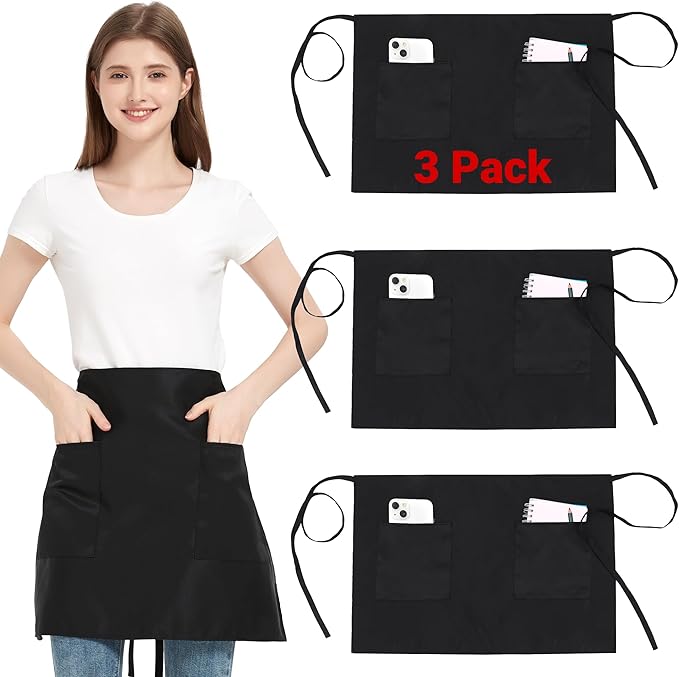 3 Pack Waist Apron with 3 Pockets, Unisex Black Waiter Aprons, Water Resistant Server Aprons for Restaurant Chef Bar