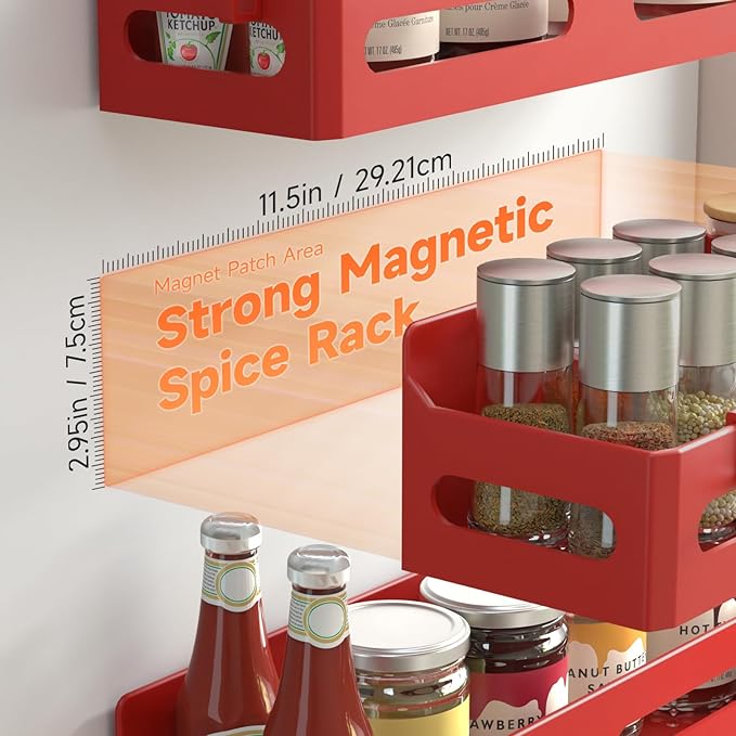 4 Pack Magnetic Spice Rack for Refrigerator, Spice Rack Organizer, Moveable Magnetic Shelf Fridge Organizer with 4 Hooks for Kitchen and Oven Organization, Red