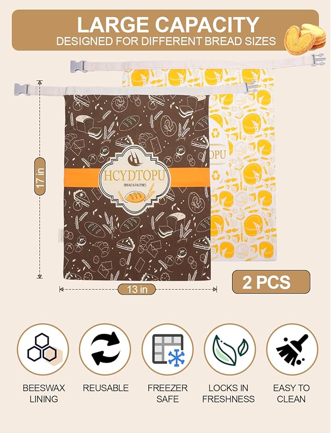 2 Pack Beeswax Bread Bags for Homemade Sourdough, Reusable Cotton Beeswax Sourdough Bread Bag, Keep Loaf Fresh, Freezer Safe, Easy to Clean, Perfect Bags for Home Baked