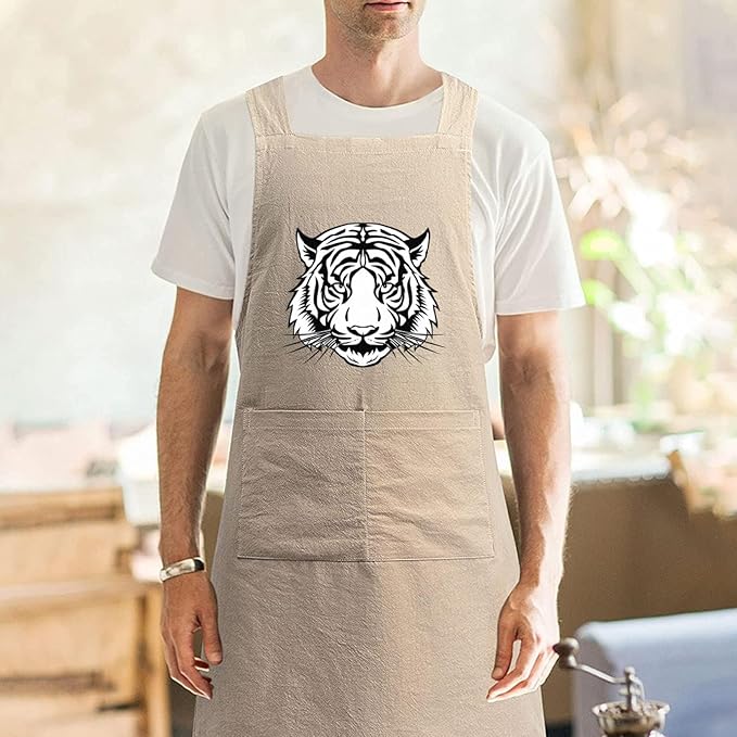 Cotton Linen Apron Non-tie Cross Back Kitchen Apron with Pockets Soft Comfortable Durable for Cooking Baking Gardening (Khaki)
