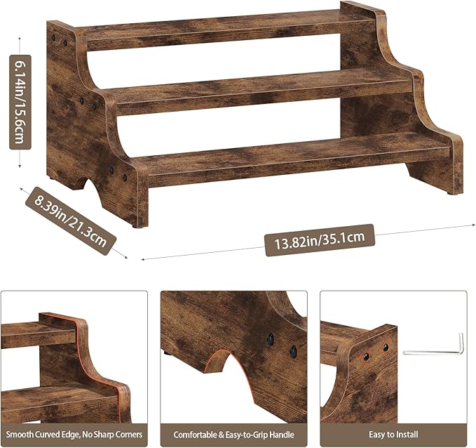 Wooden Display Riser Stand, Tiered Perfume and Cologne Organizer Stand, 3 Tier Spice Rack, Rustic Display Shelf for Candles, Kitchen Storage Holder for Spice Bottles, Jars, Seasonings