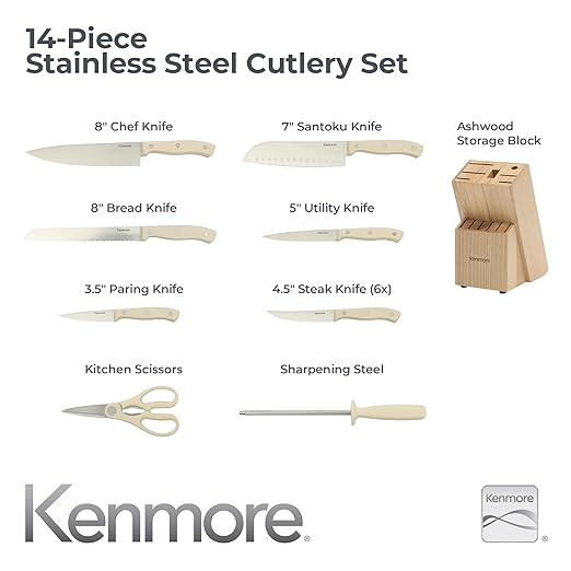 Kenmore Kane 14-Piece Stainless Steel Kitchen Knife Block Set – Triple Rivet ABS Handles, Cream White – Chef, Bread, Utility, Paring, Steak Knives & Kitchen Shears in Wood Storage Block