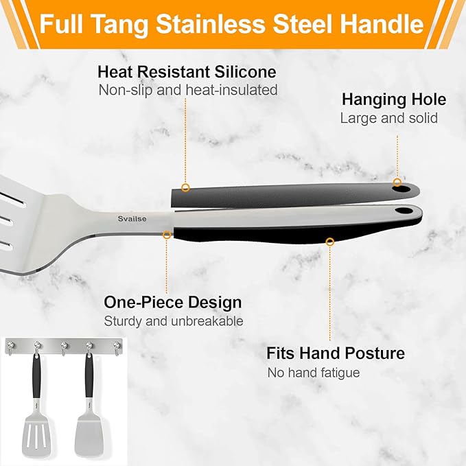 13.4 in Stainless Steel Spatula Set of 2, Heavy Duty Solid & Slotted Metal Spatula with Silicone Handle for Cast Iron Skillet, Egg, Burger and Grilling, Large