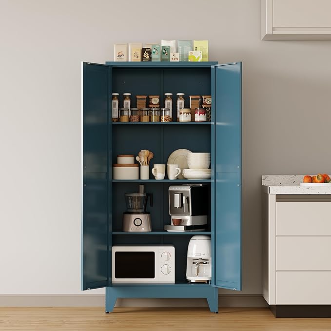 COFaR Metal Storage Cabinet, 61 in Tall Metal Cabinet with 3 Adjustable Shelves and Barn Doors, Farmhouse Cupboard Storage for Kitchen Pantry Garage, 4-Tier Peacock Blue