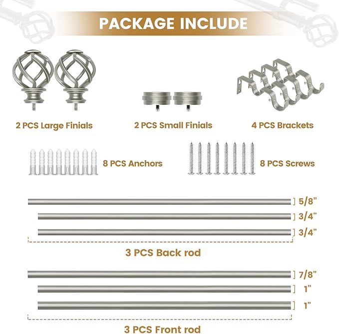 KAMANINA 1 Inch Double Curtain Rod 72 to 144 Inches (6-12 Feet), Antique Silver Heavy Duty Curtain Rods for Windows 66 to 120, Telescoping Drapery Rods with Twisted Cage Finials