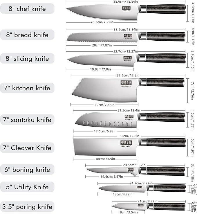 MDHAND Knife Set, 9PCS Professional Japanese Kitchen Knife Set, High Carbon Stainless Steel Chef Knife Sets - Pakkawood Handle for Professional Chef, Camping, Cooking, Dishwasher Safe, Elegant Box