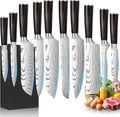 10-Piece Premium Japanese Kitchen Knife Set - Imperial Collection, Laser Damascus Pattern, 440A Stainless Steel Ultra Sharp for Fast Cutting (Redwood 10J)