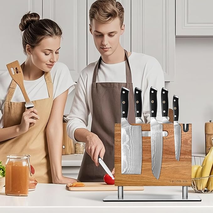 Magnetic Knife Block, Thickened Acacia Knife Holder, Strong Magnetic Suction Cup with Knife Sharpener, Double-Sided Kitchen Knife Storage Rack for Kitchen Countertops