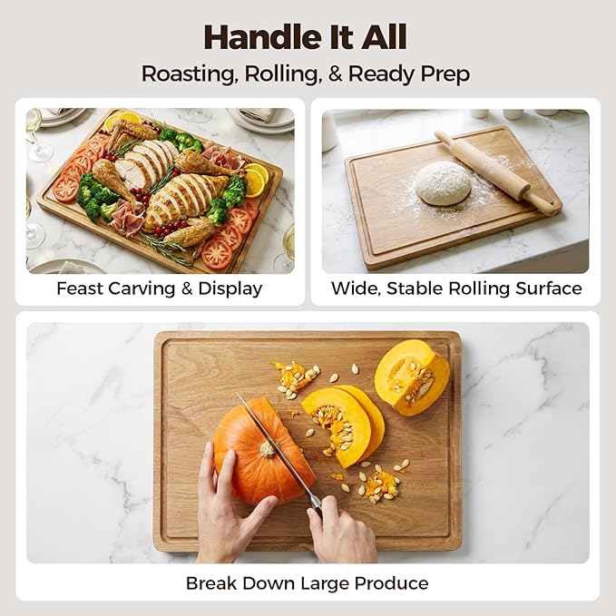 Acacia Wood Cutting Board for Kitchen - 1 inch Thick FSC Certified Wood Charcuterie Cheese Board with Side Handles and Juice Grooves, Wooden Chopping Block for Meat and Veggies, 17x12 inch