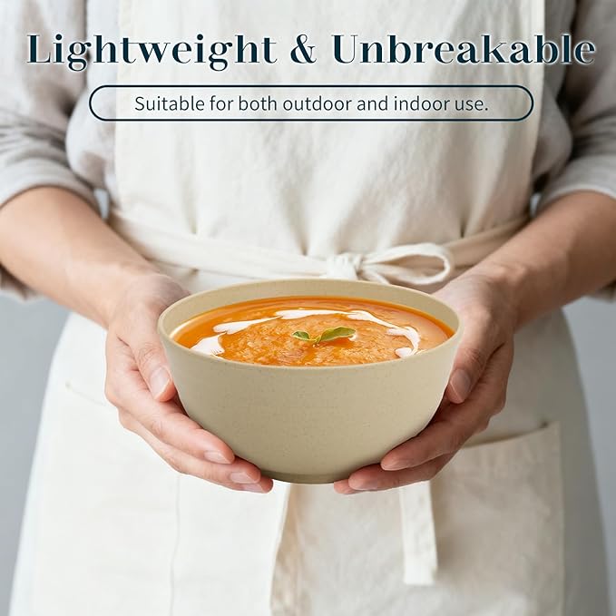 Wheat Straw Bowls Set of 8, Unbreakable Cereal Bowl 26 OZ, Microwave and Dishwasher Safe Bowl for Dinner, Breakfast, Serving, Reusable Plastic Bowls for Kitchen, Soup, Ramen, Salad - Beige