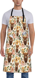 Highland Cow and Floral Apron for Women, 28x33in, Kitchen Chef Aprons with 2 Pockets, Polyester, Cute Cow Flower Apron for Cooking BBQ Baking Gardening Chef, Gifts for Mom Wife Dad