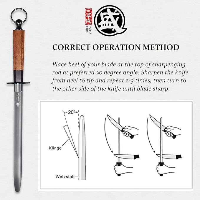 MITSUMOTO SAKARI 12 Inch Knife Sharpener Rod, Flat Honing Rod, High Carbon Honing Steel