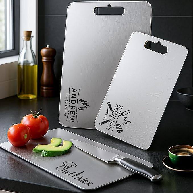 Personalized Titanium Cutting Board, Pure Titanium, Stainless Steel Premium Custom Engraved Chopping Board Gift for Men, Women, Dad, Birthday, Anniversary, Christmas, Kitchen Chefs & BBQ Grill Lovers