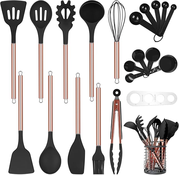 Black Kitchen Utensil Set with Holder, 22 Pcs Silicone Cooking Utensils Set for Nonstick Cookware, Heat Resistance Spatula Set, Stainless Steel Handle Kitchen Gadgets Utensils Set