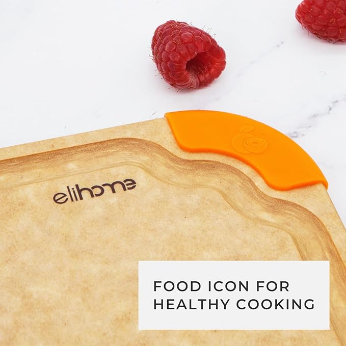 Elihome Premium Series 2-in-1 Kitchen Cutting Board Set, Non Slip Feet, Color Coded with Food Icon, Natural Wood Fiber, Dishwasher Safe, Eco-Friendly, Juice Grooves,Non Porous, BPA Free, Made in USA
