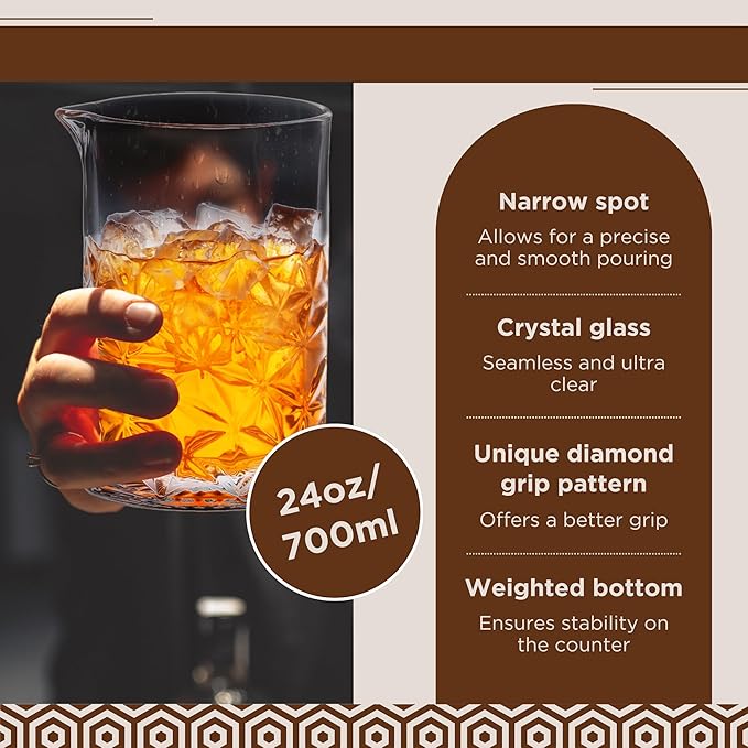 Cocktail 24oz Mixing Glass Set with Jigger, Muddler, Spoon, Hawthorne Strainer & Bamboo Stand - Mixology Pitcher for Stirrer Cocktails - Birthday Gifts for Friends & Family