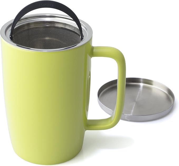 FORLIFE Dew Glossy Finish Brew-In-Mug with Basket Infuser & "Mirror" Stainless Lid 18 oz., Lime