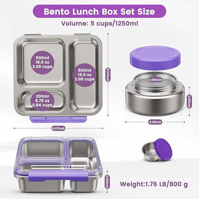 Stainless Steel Bento Box Kids Adult with 7oz Soup Thermo, Transparent Lid 3 Compartments Metal Bento Lunch Box with Insulated Food Jar,Lunch Box Container Sauce Cup for School,BPA-Free(Purple)