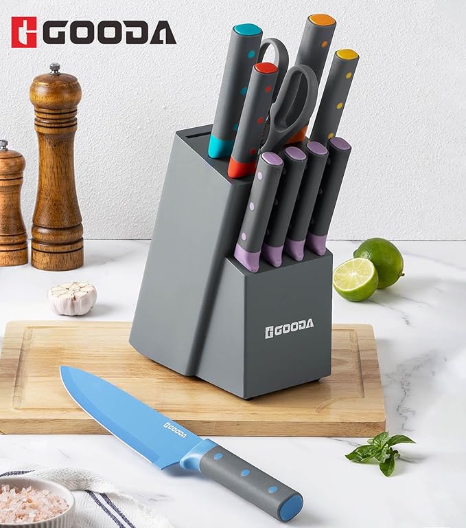 GOODA Knife Set,11 Pieces Kitchen Knife Set with Built-in Sharpener Block,Dishwasher Safe, High Carbon Stainless Steel Chef Cooking Knife Block Set