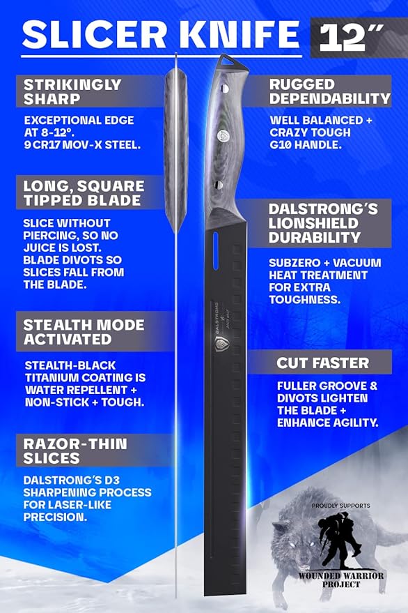 Dalstrong Slicing Knife - 12 inch - Delta Wolf Series Knife - Ultra-Thin & Zero Friction Blade - HC 9CR18MOV Steel - Black Titanium Nitride Coating - Carving Knife - G10 Camo Handle - Leather Sheath