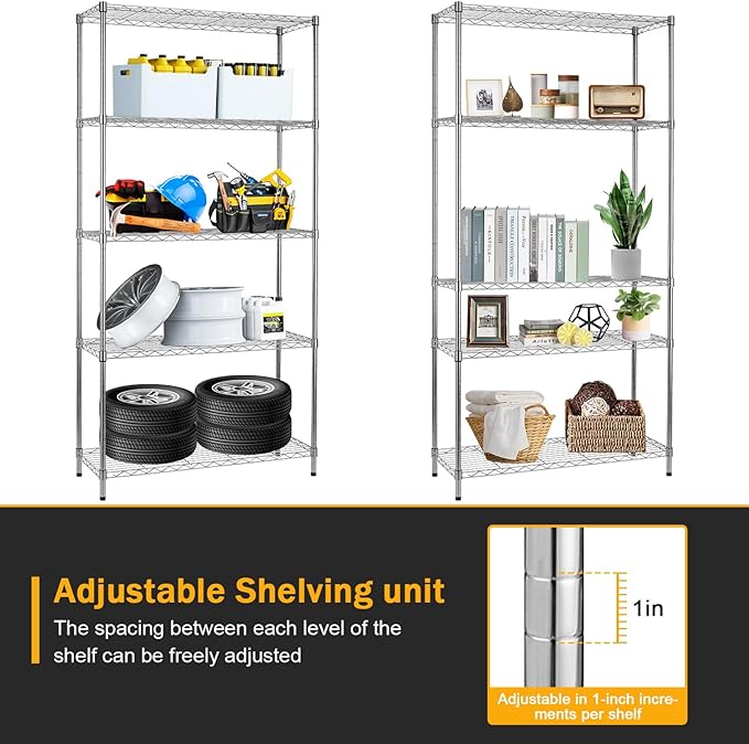 5-Shelf Metal Shelving Adjustable 1250Lbs Capacity, Storage Shelves for Garage Laundry Bathroom Kitchen Pantry Closet, NSF Certified Steel Organizer Wire Rack,Chrome, 72" H x 14" D x36 W