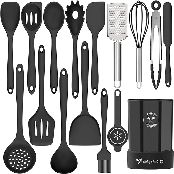 Silicone Kitchen Utensils Set, 16-Piece Silicone Cooking Utensils by Deedro, Heat Resistant Kitchen Tools Set with Holder, Nonstick Spatula Kitchen Gadgets for Cooking & Baking, Black