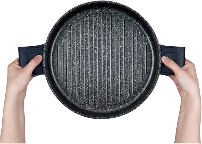 MasterPan Non-Stick Stovetop Oven Grill Pan with Heat-in Steam-Out Lid, nonstick cookware, 12", Black,