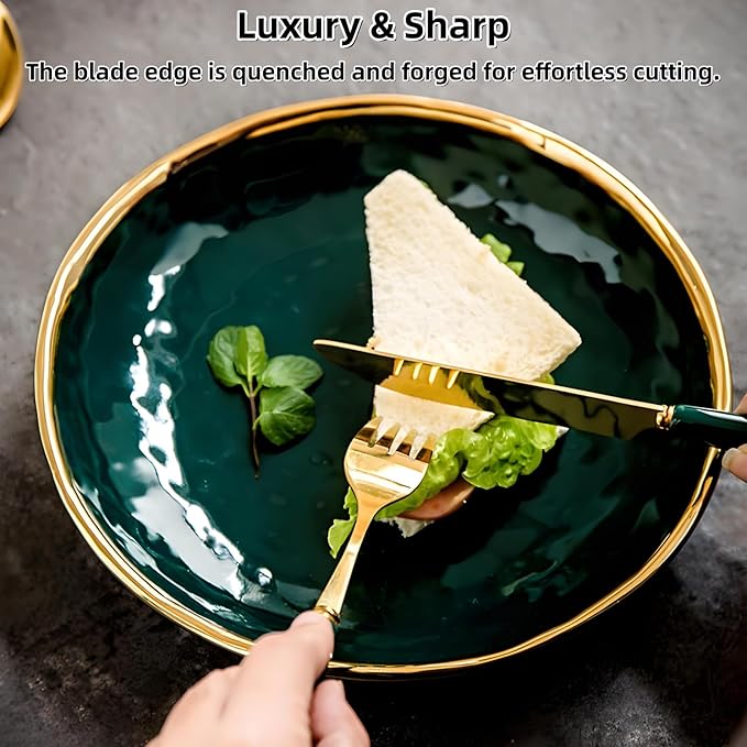 9-Piece Gold Silverware Set with Elegant Emerald Ceramic Handle,Premium Stainless Steel Flatware Set Service for 3,Mirror Polished Dishwasher Safe Luxury Cutlery Set for Home Restaurant