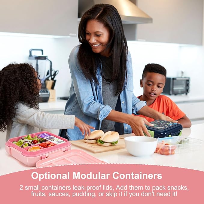 Caperci Bento Box for Kids - Leak-Proof Lunch Box Snack Container with 2 Modular Containers & 4 Compartments, Hold 4.8 Cups, Portable Handle, BPA-Free, Microwave/Dishwasher Safe (Mermaid)