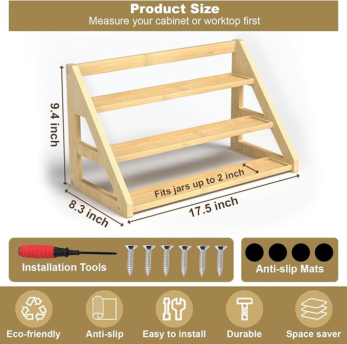 3-Tier Spice Rack Organizer for Cabinet,Bamboo Tiered Spice Rack for 24 Spice Jars(4 oz),Spice Shelf for for Kitchen Countertop,Seasoning Rack,17.5" L x 8.3" W x 9.4" H
